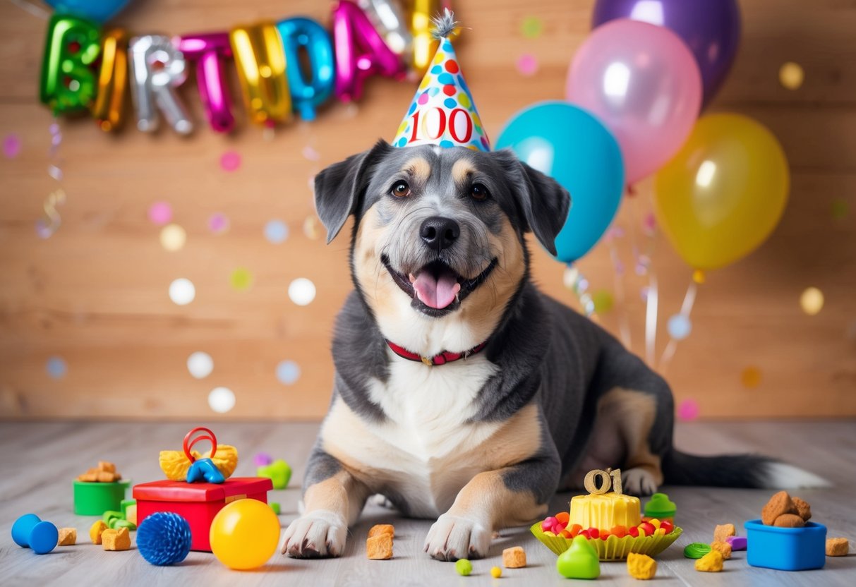 A happy dog with a gray muzzle and wagging tail, surrounded by toys and treats, celebrating its 100th birthday with a party hat and balloons