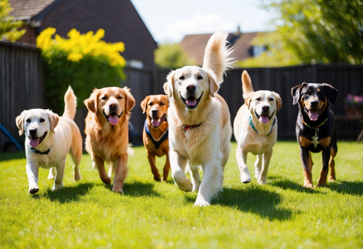 A golden retriever plays in a sunny backyard, surrounded by a family of healthy, active dogs of various breeds