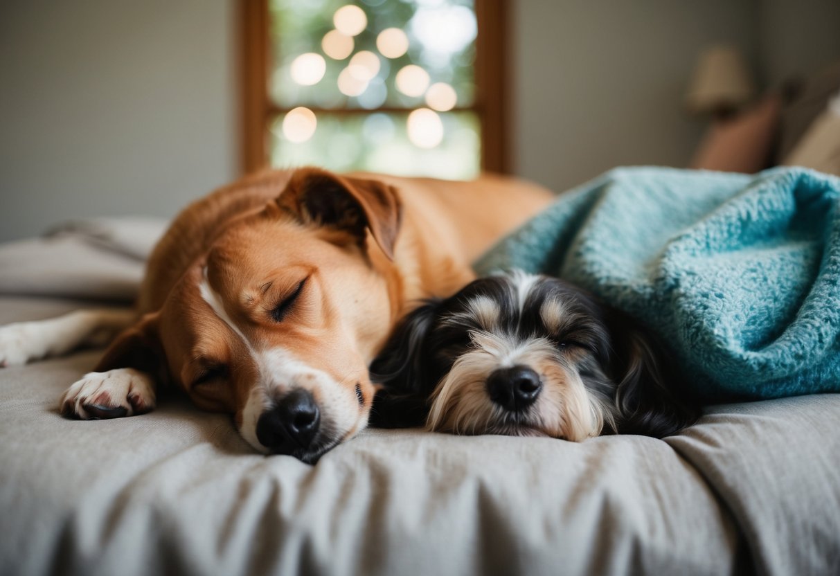 A dog peacefully sleeping next to their favorite person on a cozy bed