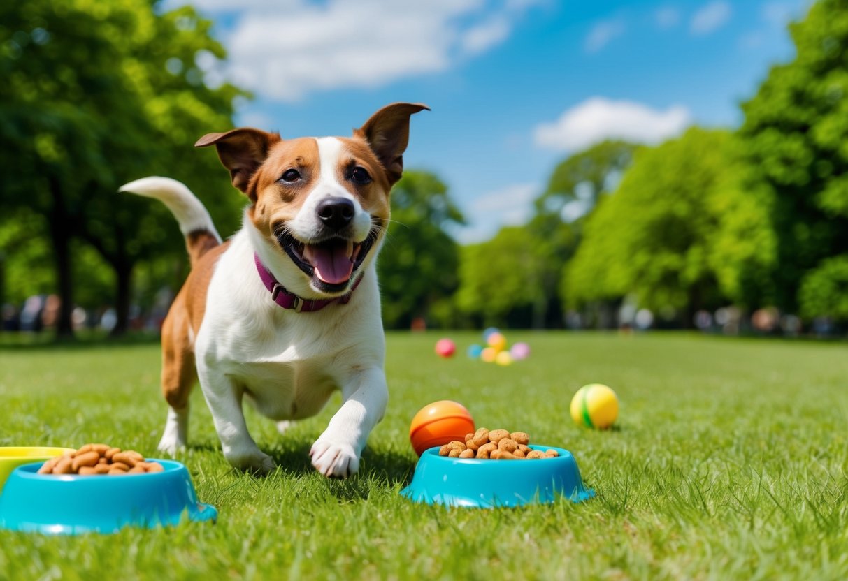 A happy dog playing in a lush green park with a bright blue sky, surrounded by toys and healthy food bowls