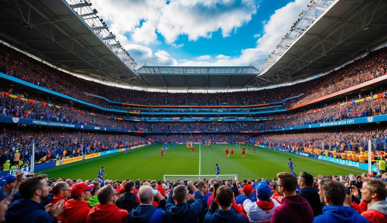 Sebuah stadion yang ramai dipenuhi dengan penggemar yang bersorak, spanduk berwarna-warni, dan lapangan yang hidup dengan pemain yang sedang beraksi