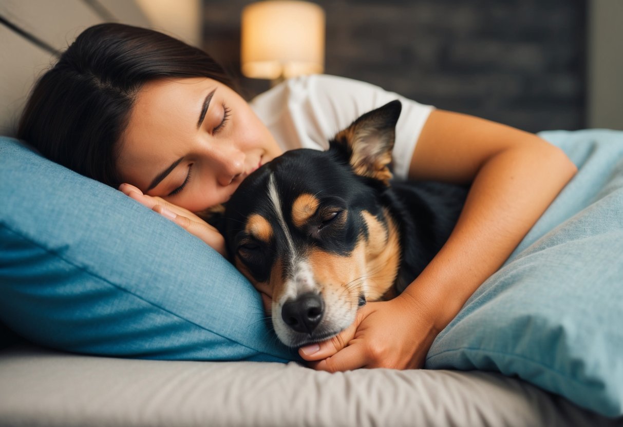 A dog curled up next to a sleeping person, nuzzling their hand