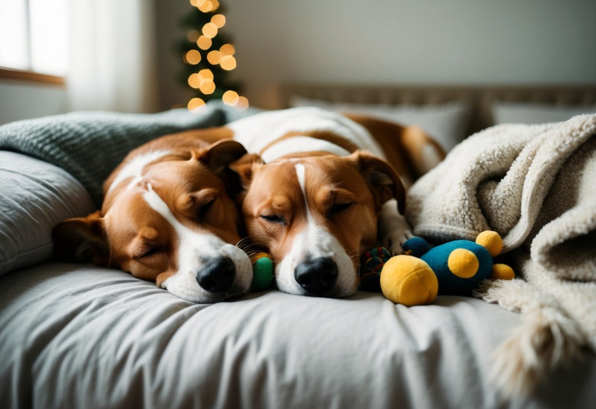 A dog peacefully snoozing next to its owner on a cozy bed, surrounded by their favorite toys and a comforting blanket