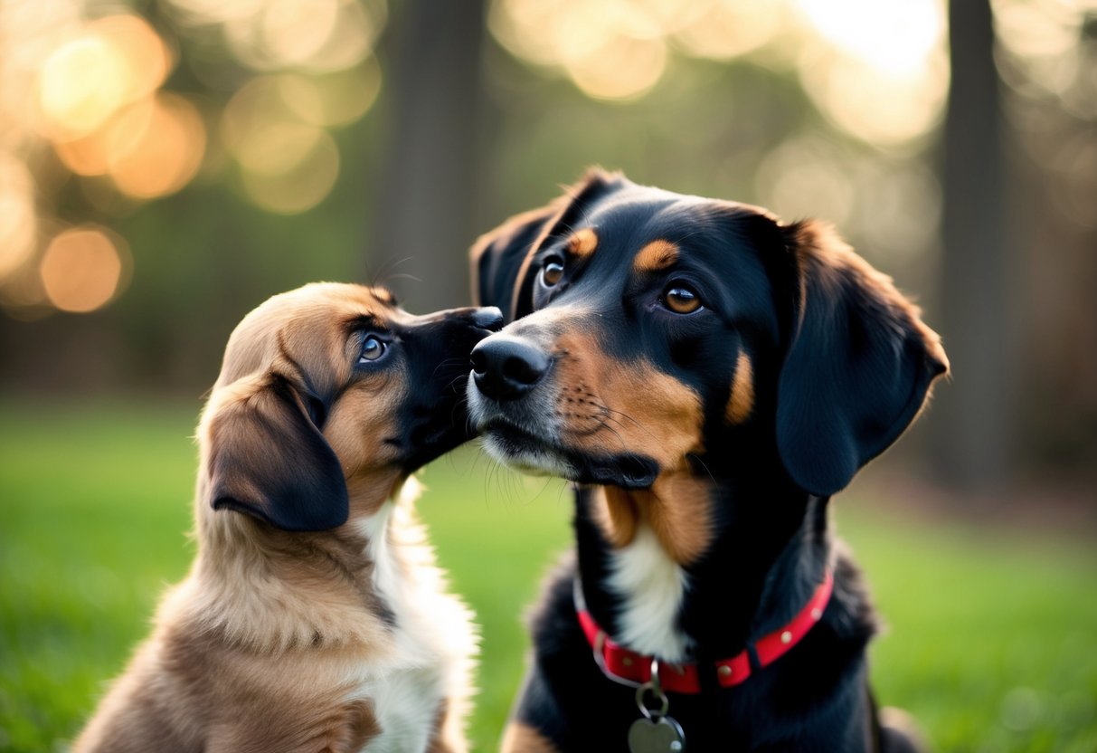 A mother dog nuzzles her puppy, gazing into its eyes with affection and recognition
