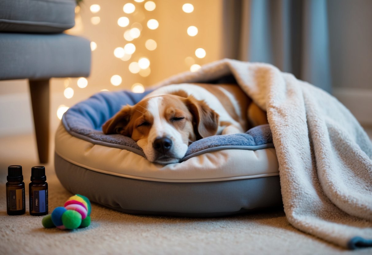 A cozy dog bed with a soft blanket, surrounded by calming essential oils and a dimly lit room, with the dog peacefully sleeping next to their favorite toy