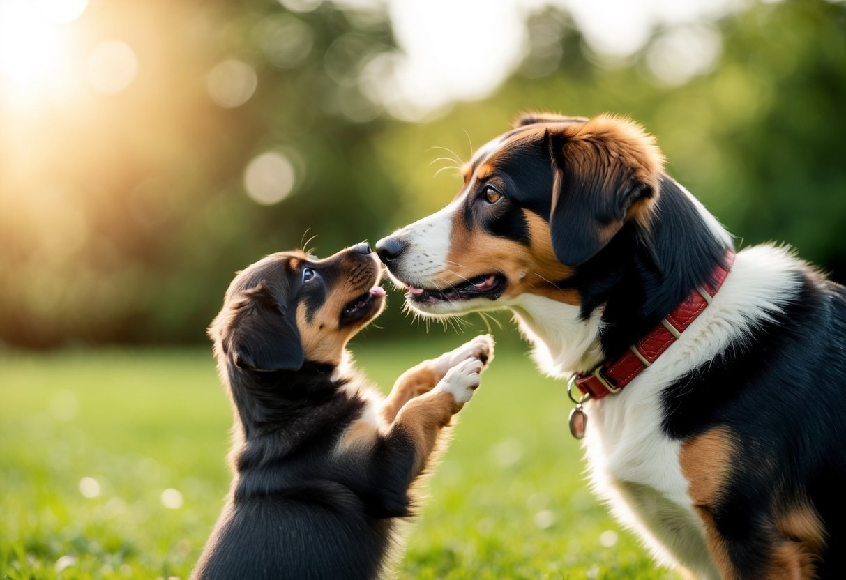 A mother dog nuzzles her puppy, wagging her tail as they make eye contact, showing recognition and affection