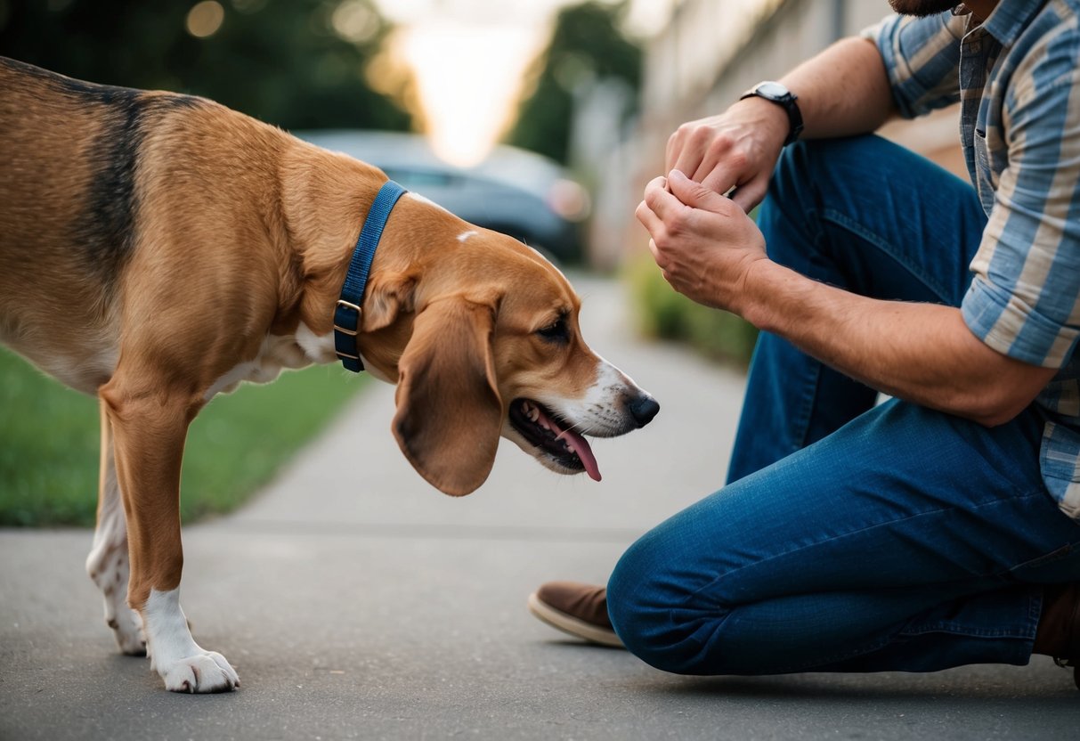A dog nuzzles its owner's leg, wagging its tail as the owner scratches behind its ears