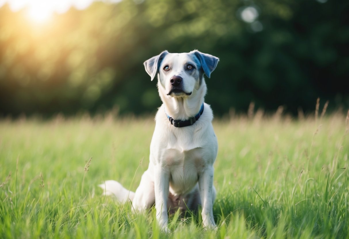 A blue-eyed dog sits in a grassy field, looking off into the distance with a curious expression