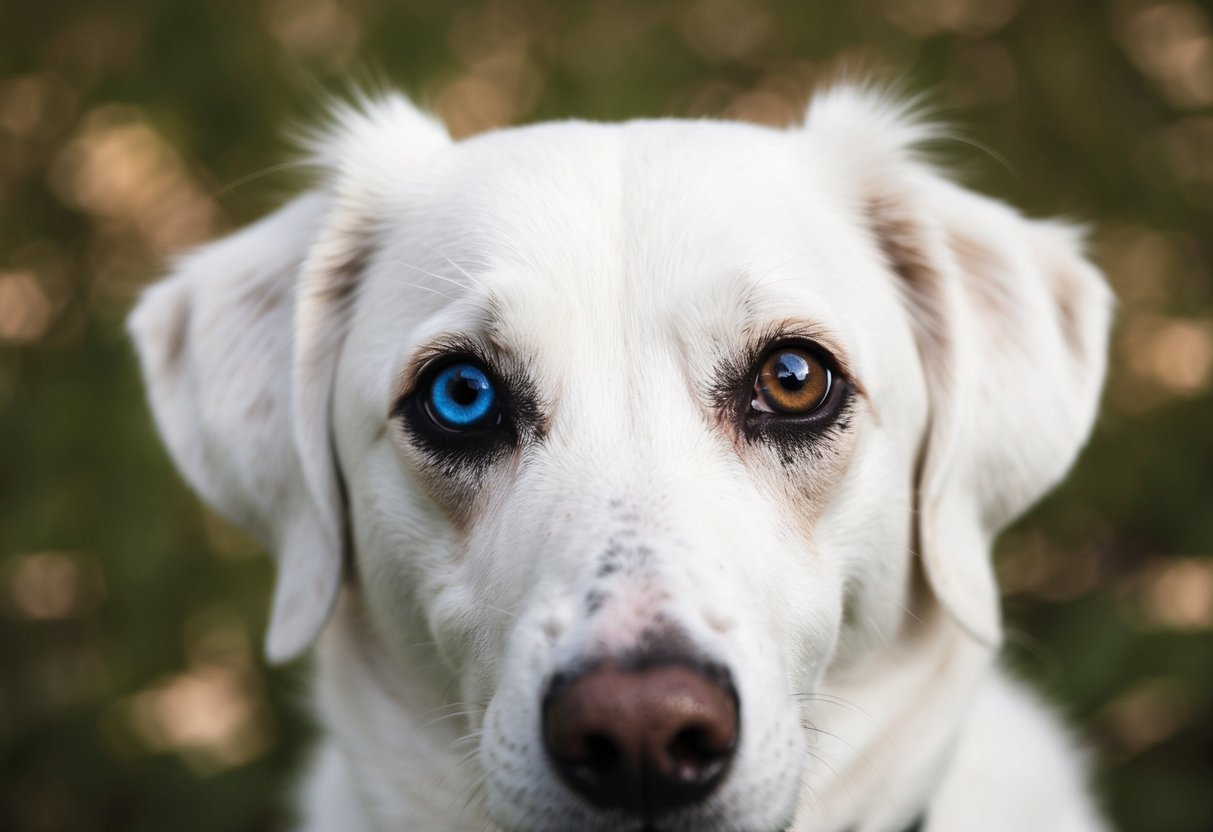 A close-up of a white dog with one bright blue eye and one brown eye, looking directly at the viewer