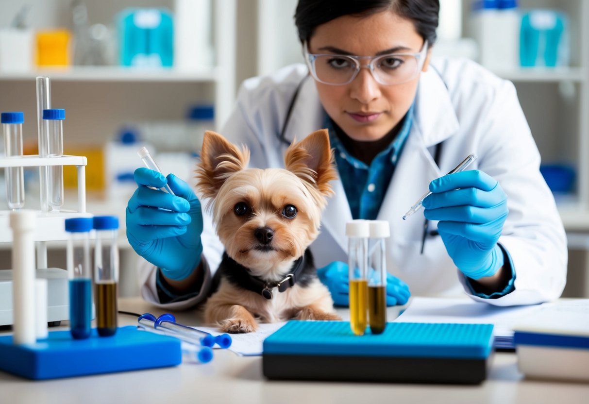 A small dog surrounded by test tubes and scientific equipment, with a researcher observing and taking notes