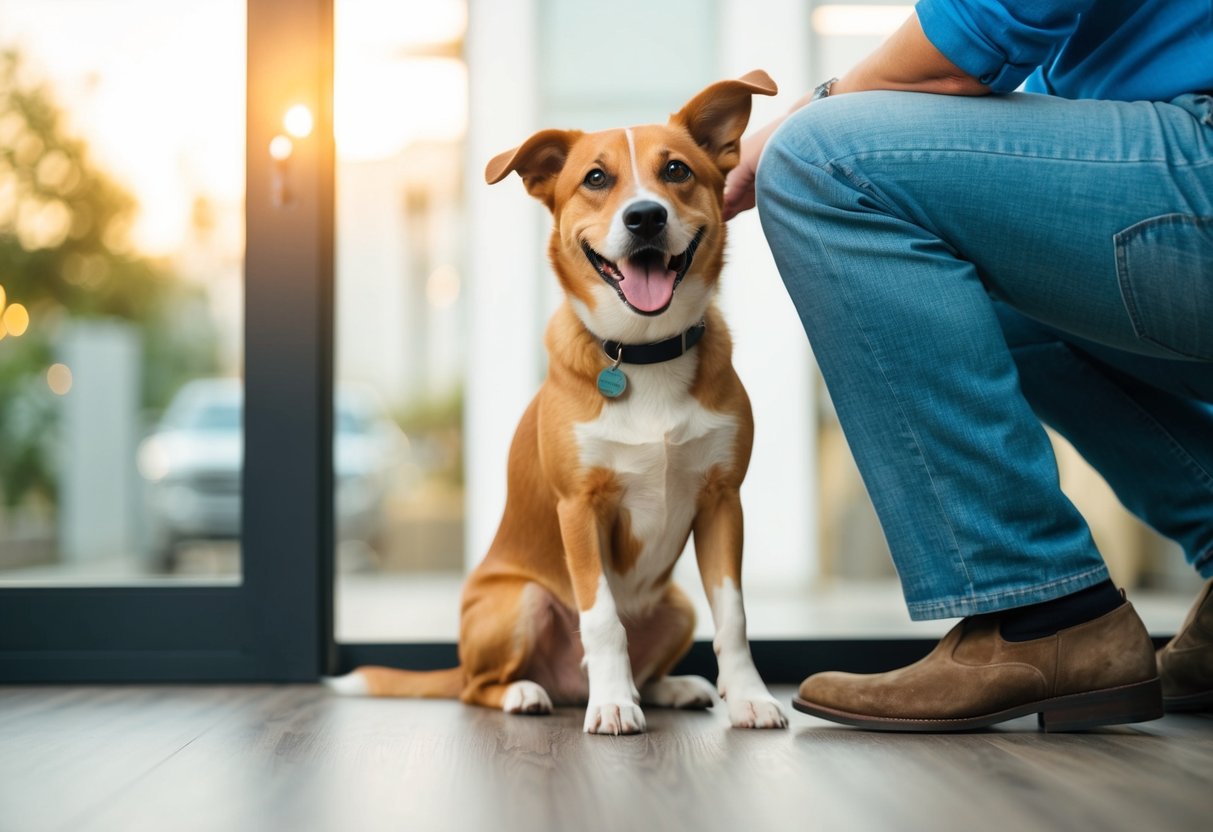 A dog sitting at the feet of its owner, wagging its tail with a happy expression