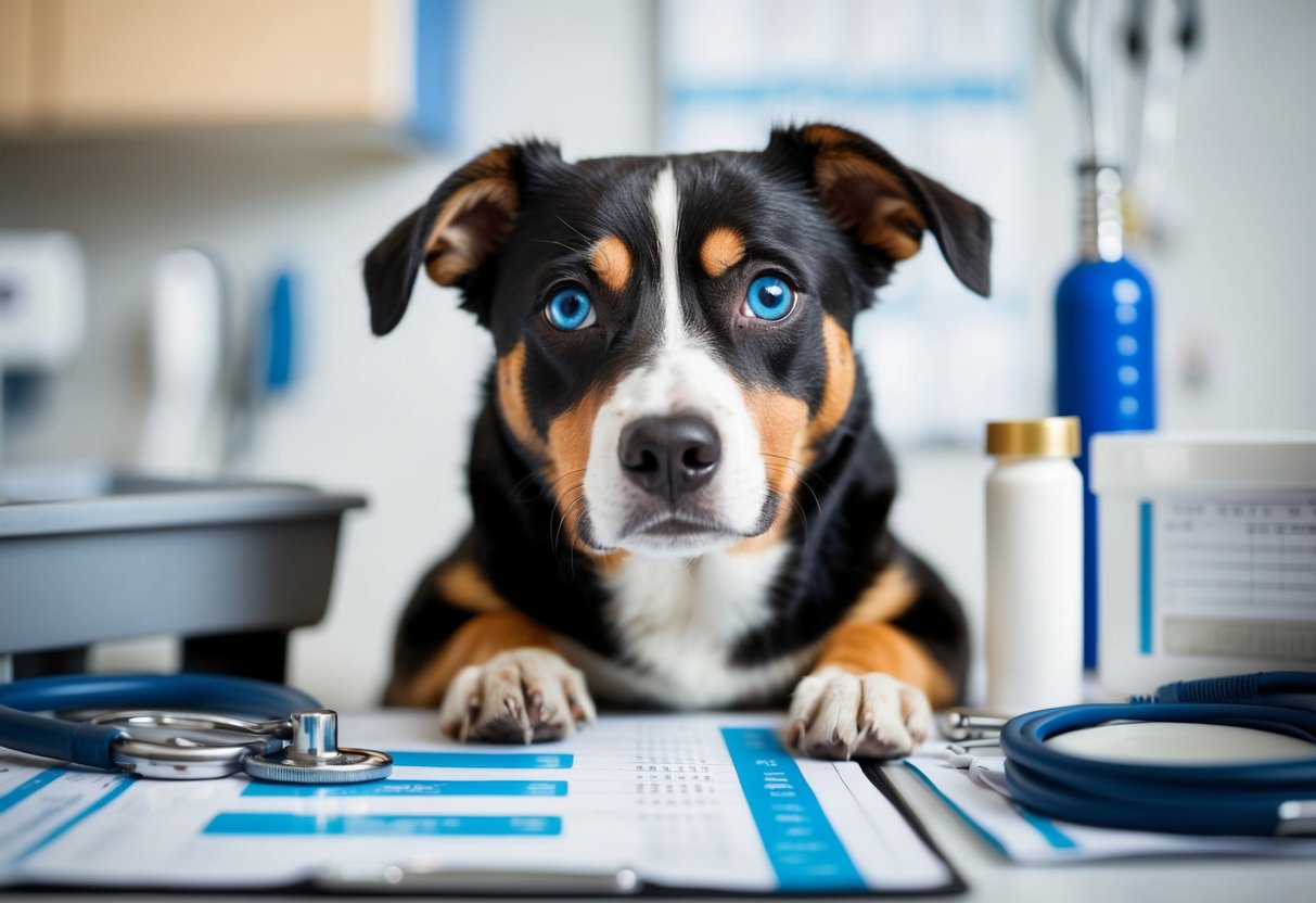 A close-up of a blue-eyed dog with a concerned expression, surrounded by veterinary medical equipment and charts