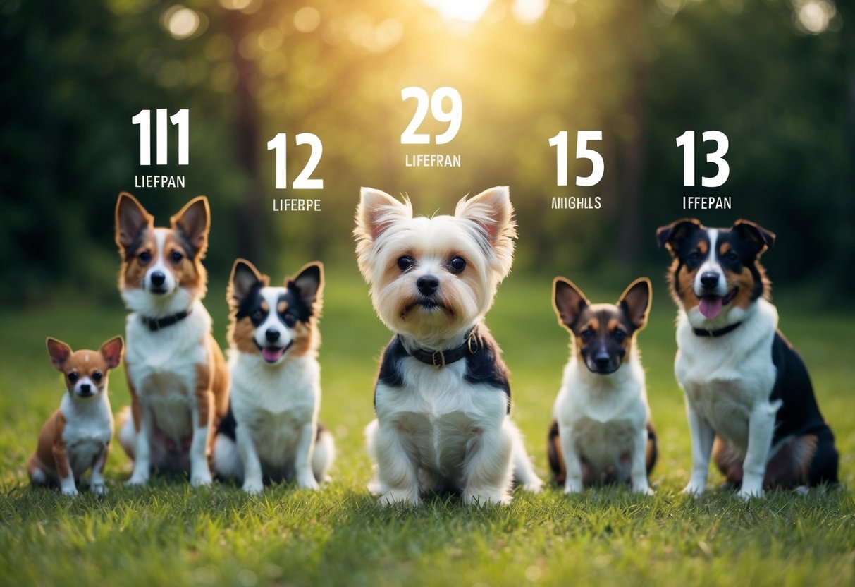 A small dog surrounded by various animals of different sizes and species, each with a numbered lifespan above them
