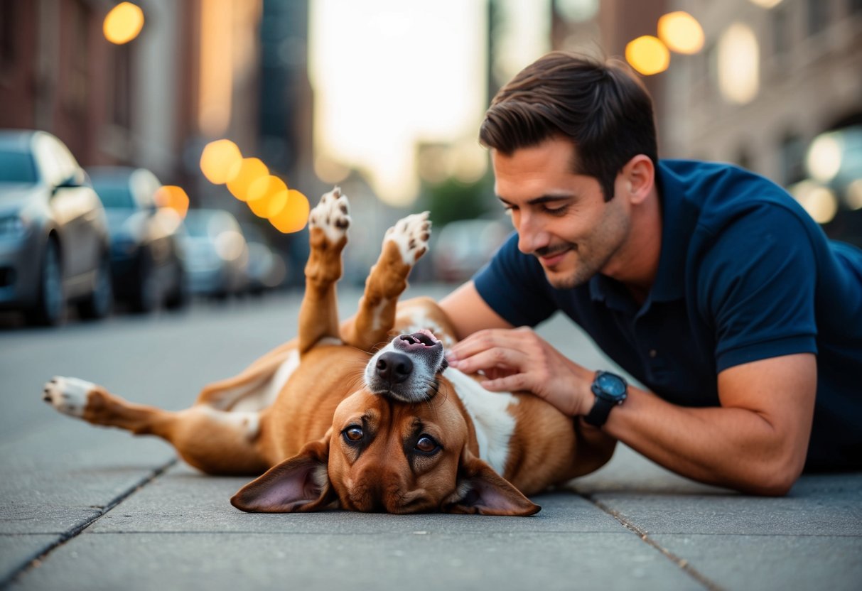 A dog lying on its back, paws in the air, while its owner gently scratches its belly, both with relaxed expressions