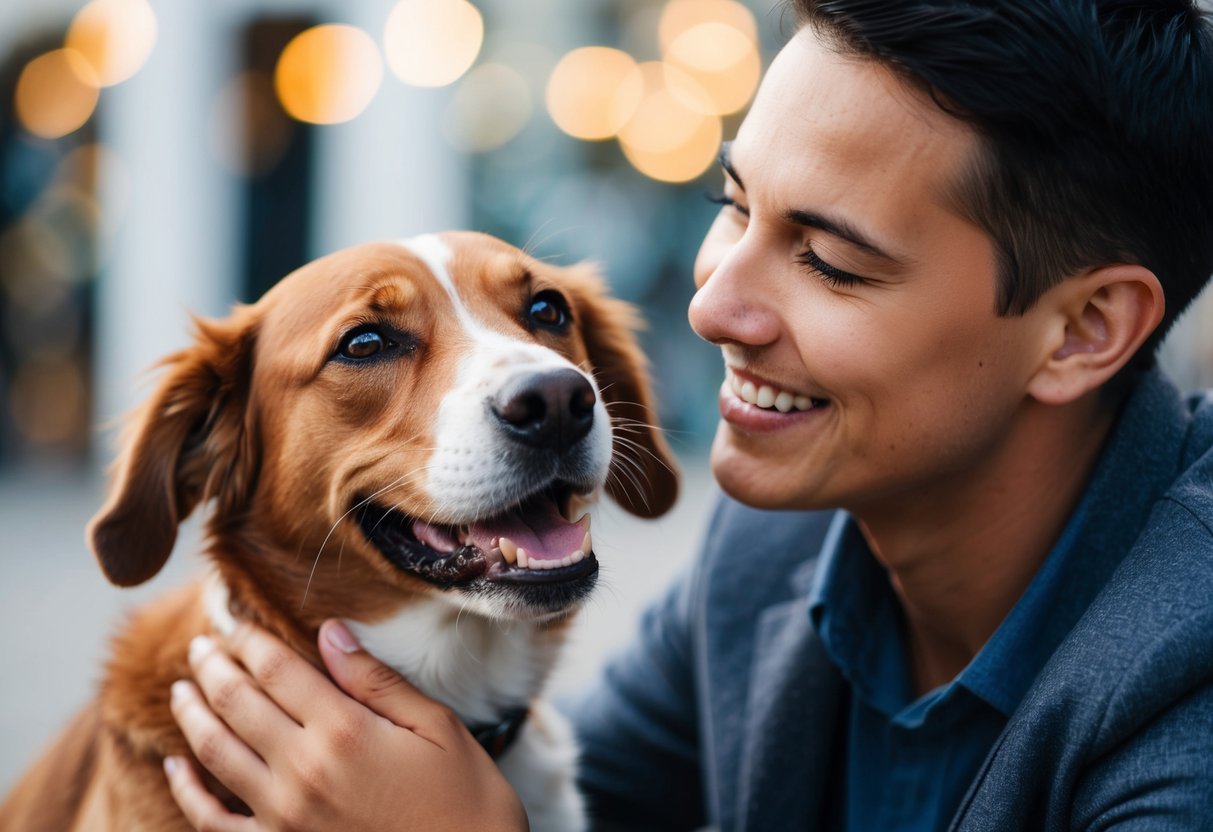 A person petting their dog with a warm smile, looking into the dog's eyes with affection