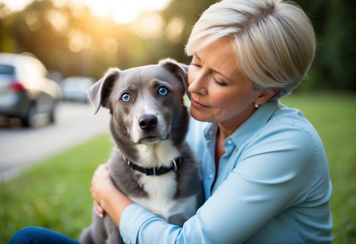 A blue-eyed dog with a concerned expression being comforted by its owner