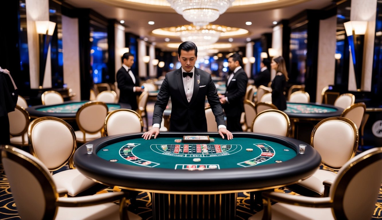 Sebuah meja baccarat mewah dikelilingi oleh kursi-kursi elegan, dengan seorang dealer dan pemain di dalam suasana kasino yang glamor