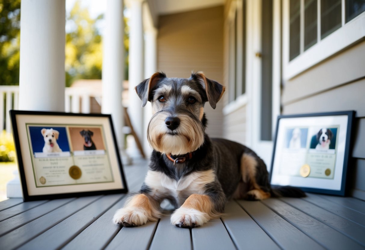 A grey-muzzled terrier lounges on a sun-drenched porch, surrounded by framed certificates and photos of past record-holding canines