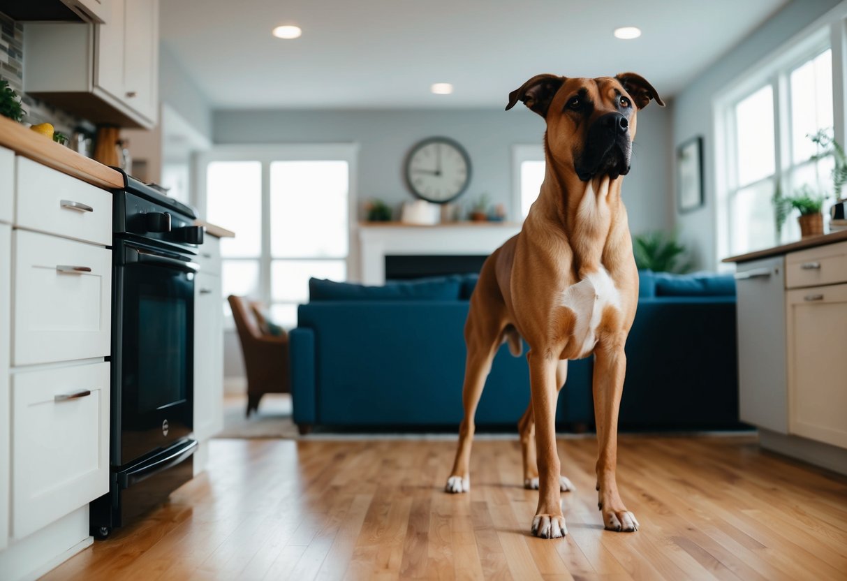 Zeus the dog stands tall, his head reaching the height of a kitchen countertop. His large, muscular frame takes up the entire living room floor