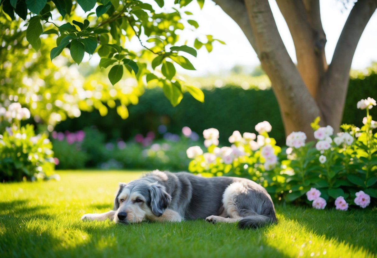 A serene, sunlit garden with a wise, graying dog enjoying a peaceful nap under a shady tree, surrounded by blooming flowers and lush greenery