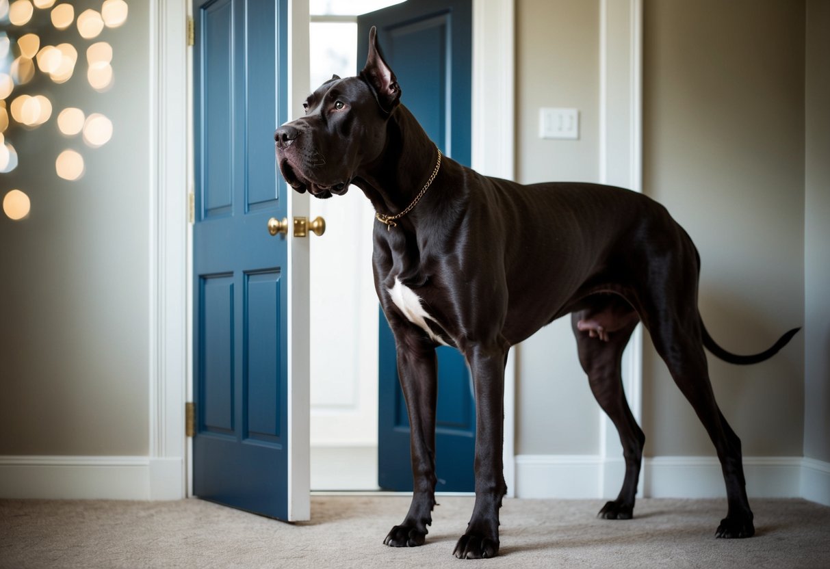 A massive Great Dane stands beside a standard-sized door, towering over it with a regal stance and powerful build