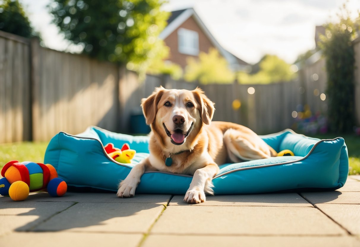 A happy, elderly dog lounging in a sunlit backyard surrounded by toys and a cozy bed