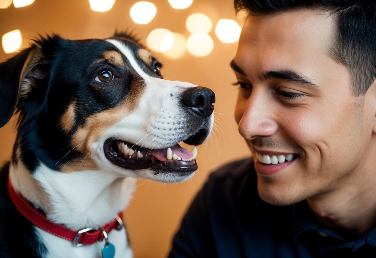 A dog looks up at a person's face, focusing on the eyes and mouth, while the person looks down at the dog with a smile