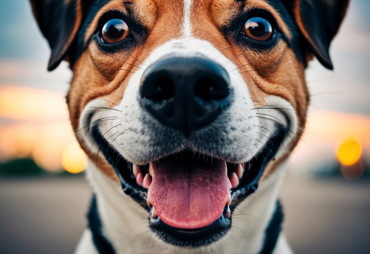 A dog's perspective of a smiling face looking down, with the eyes and mouth exaggerated and the nose barely visible