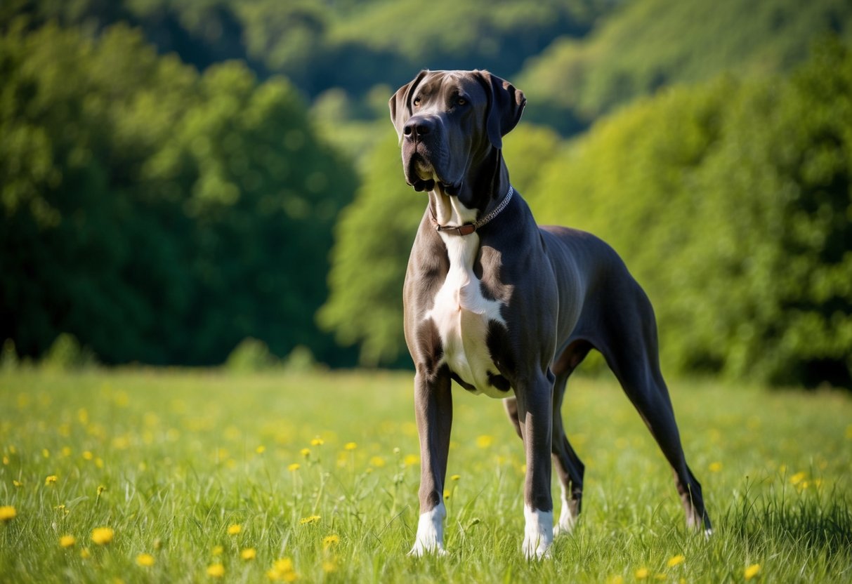 A massive, majestic Great Dane named Zeus stands proudly in a lush, green meadow, his powerful presence exuding strength and authority