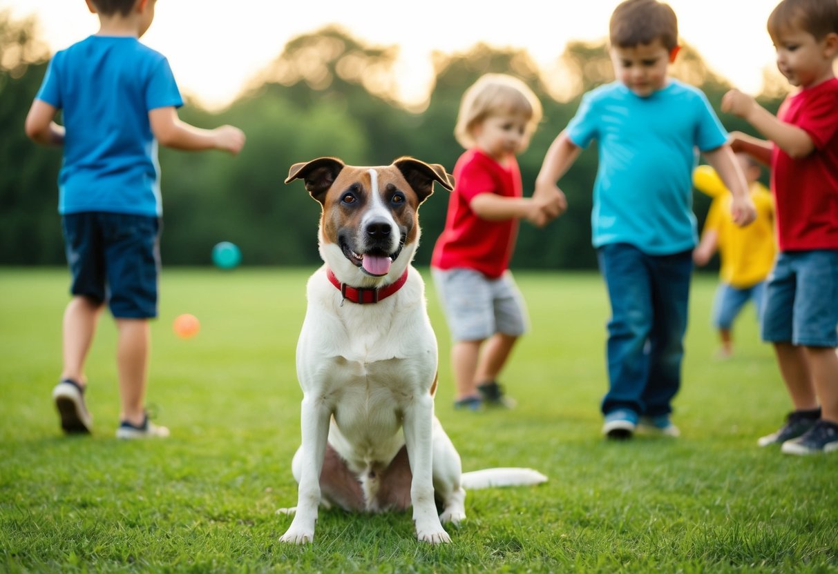 A dog sitting calmly while children play nearby