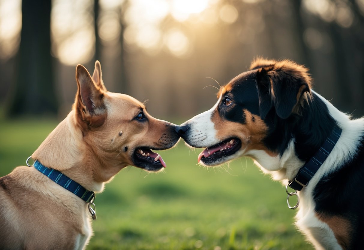 A dog with wagging tail and adoring eyes gazes at another dog, their noses touching in a tender moment