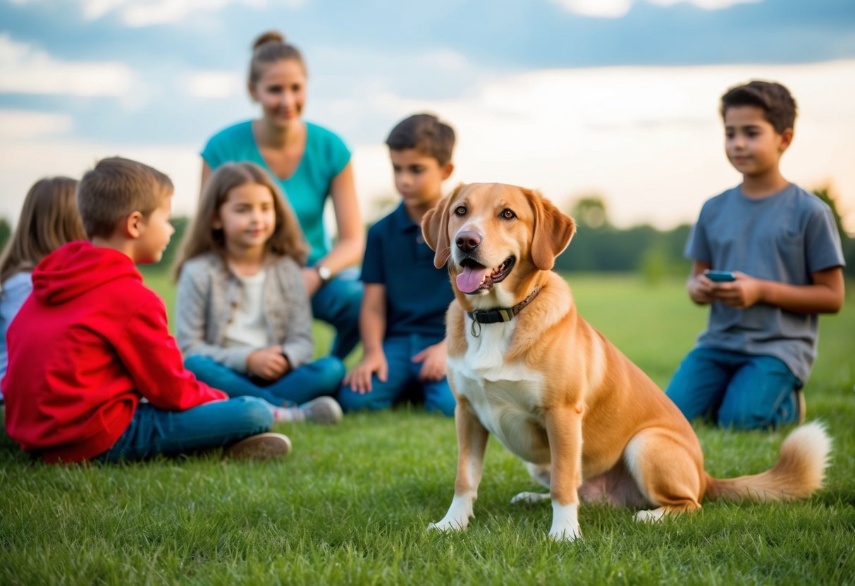 A calm, attentive dog sitting near a group of children, showing relaxed body language and wagging tail