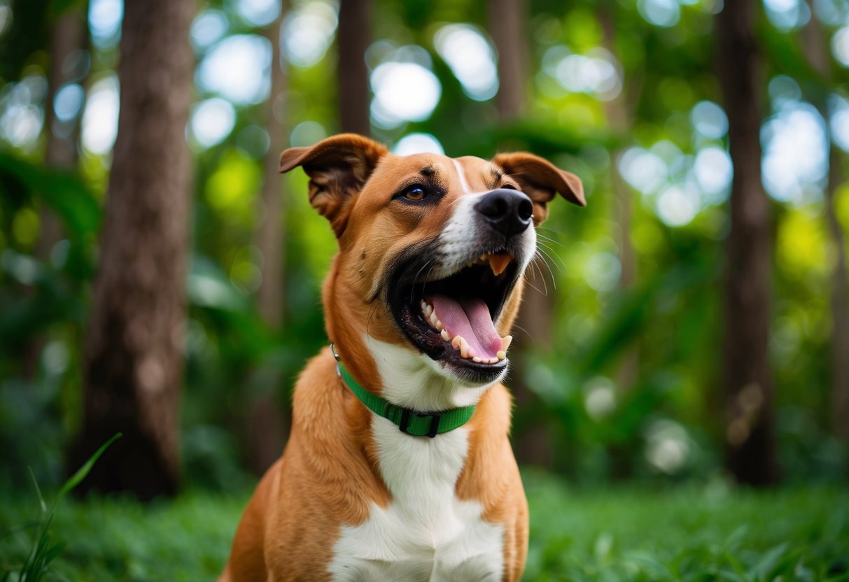 A happy dog barking in a green Brazilian forest