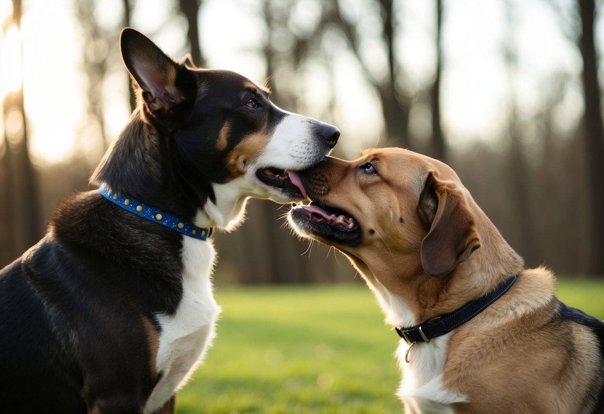 A dog nuzzles another dog's neck, wagging its tail and licking the other dog's face