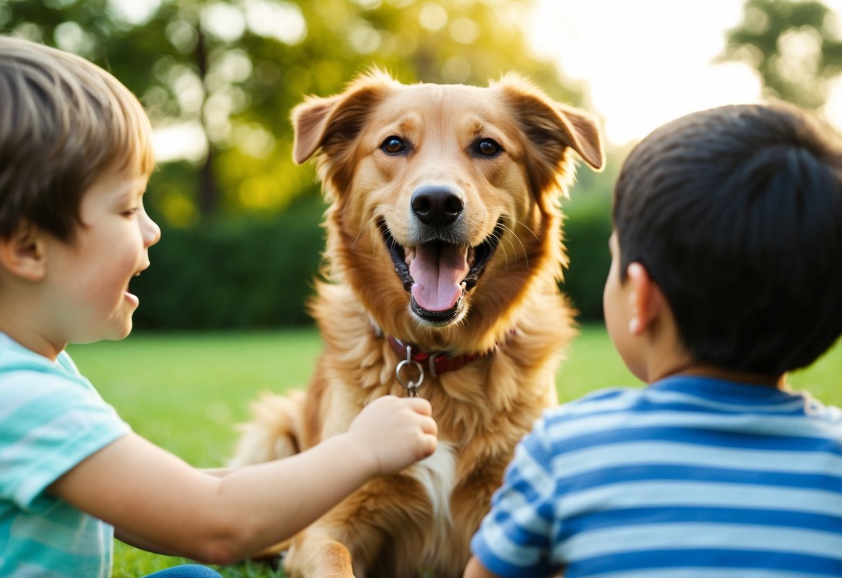 A happy, relaxed dog playing with children, wagging tail and open mouth, showing no signs of fear or aggression