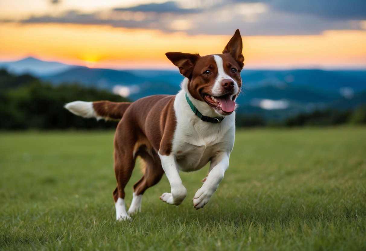 A brown and white dog running through a vibrant Brazilian landscape