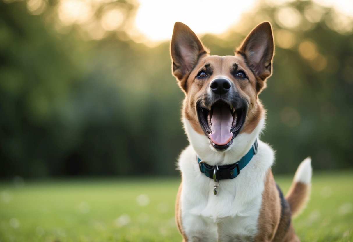 A dog with ears perked up, wagging tail, and open mouth emitting a series of joyful barks and whines