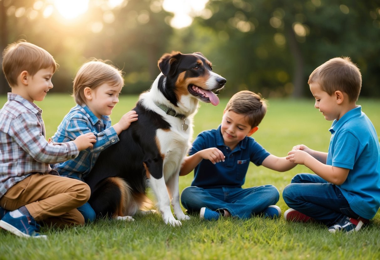 A dog calmly sitting next to a group of children, wagging its tail and looking content as the kids pet and play with it