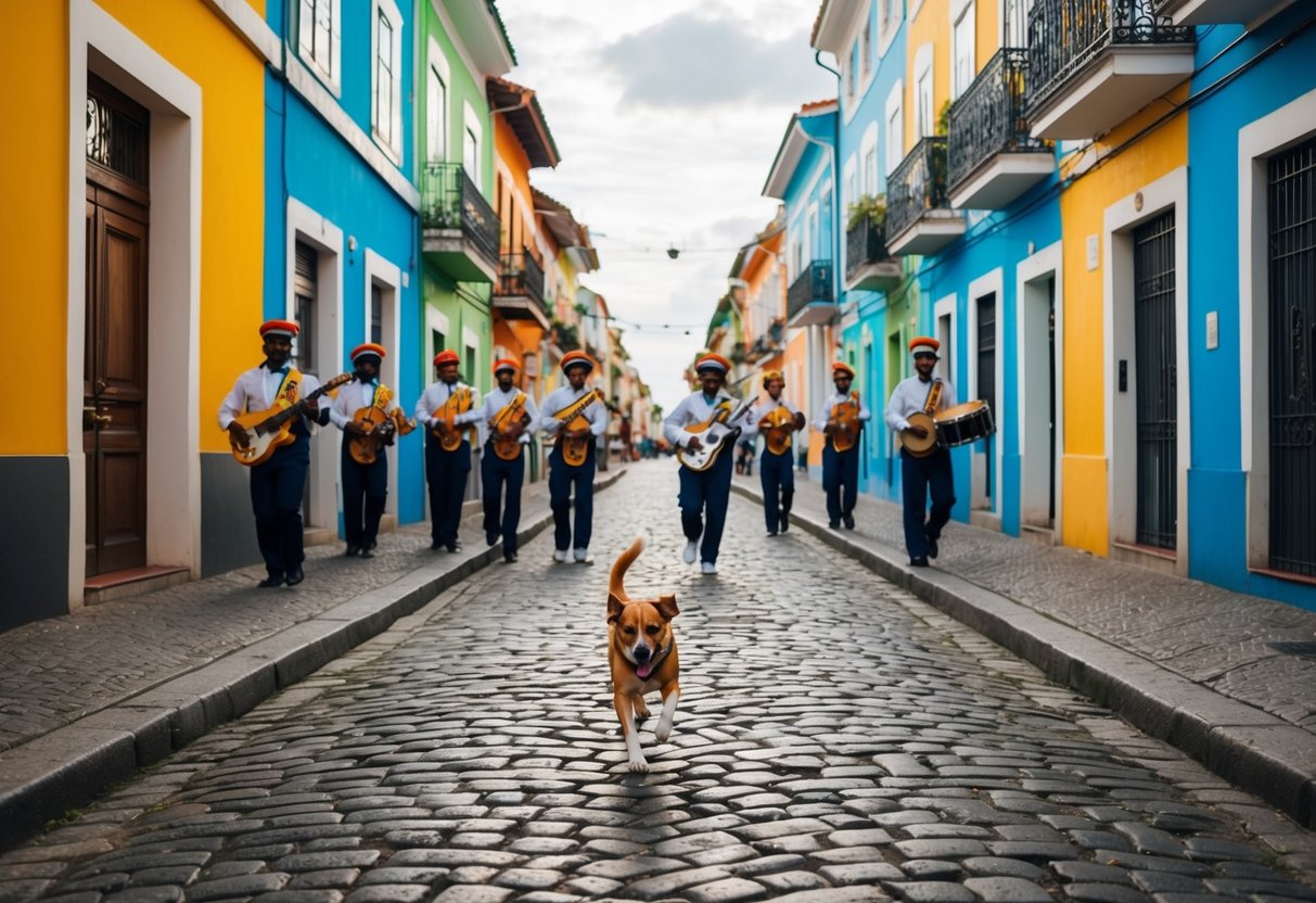 A Brazilian street with colorful buildings, a samba band playing, and a dog running through the cobblestone streets