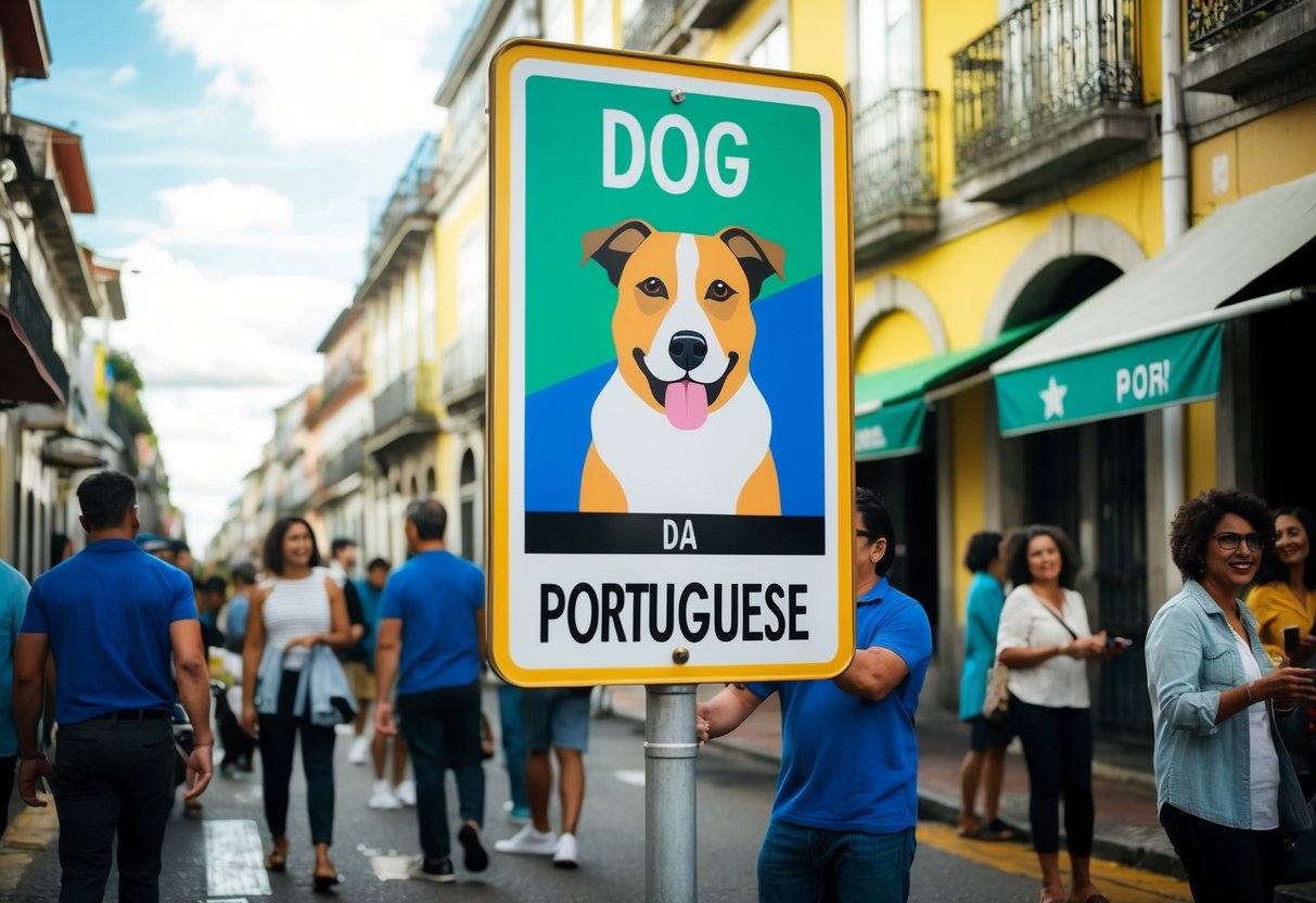 A Brazilian street with a colorful sign depicting a dog, surrounded by people speaking Portuguese