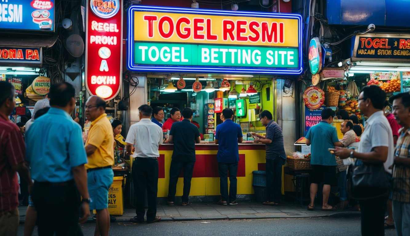 Sebuah sudut jalan yang ramai dengan papan tanda berwarna-warni yang diterangi neon untuk situs taruhan Togel Resmi, dikelilingi oleh pelanggan dan penjual yang antusias