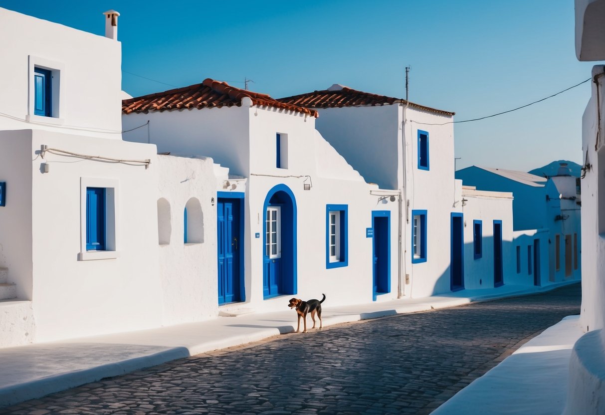 A Greek village with a white and blue color scheme, a small white house with a red roof, and a stray dog wandering the cobblestone streets