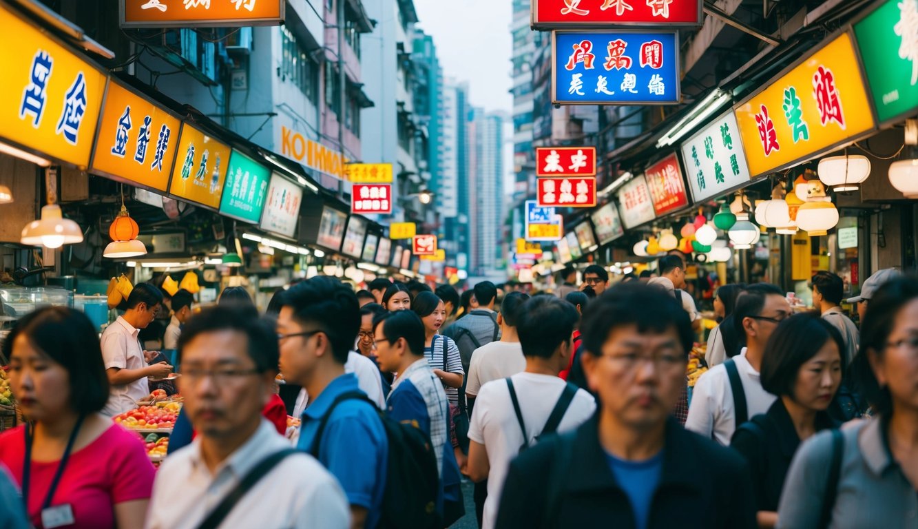 Pasar jalanan yang ramai di Hong Kong dengan papan tanda berwarna-warni dan orang-orang yang berkerumun