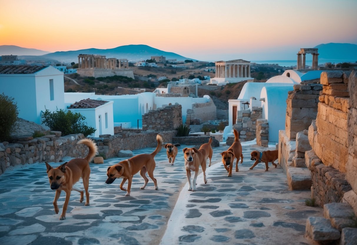 A Greek village with stray dogs roaming freely, surrounded by ancient ruins and traditional Greek architecture