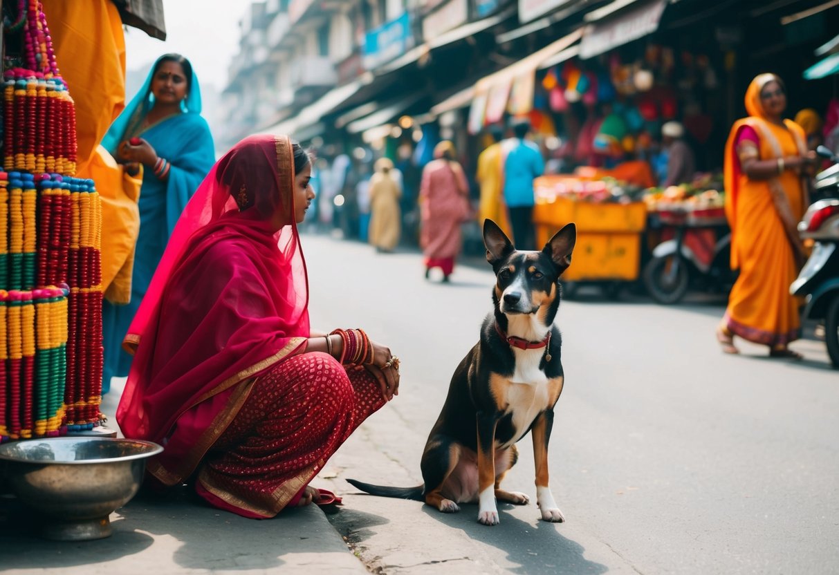 A street scene in India with a dog sitting beside a colorful marketplace