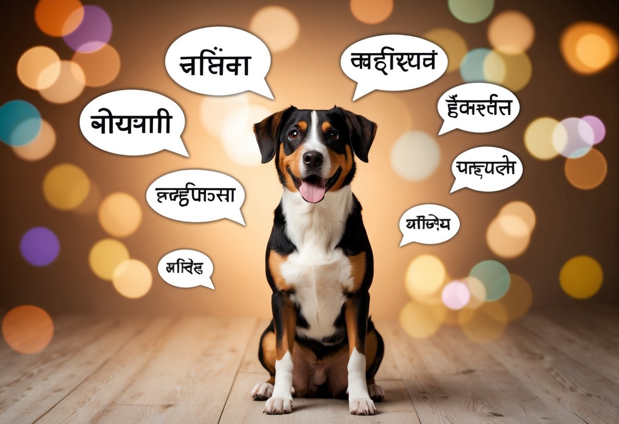 A colorful illustration of a dog surrounded by speech bubbles in various Indian languages