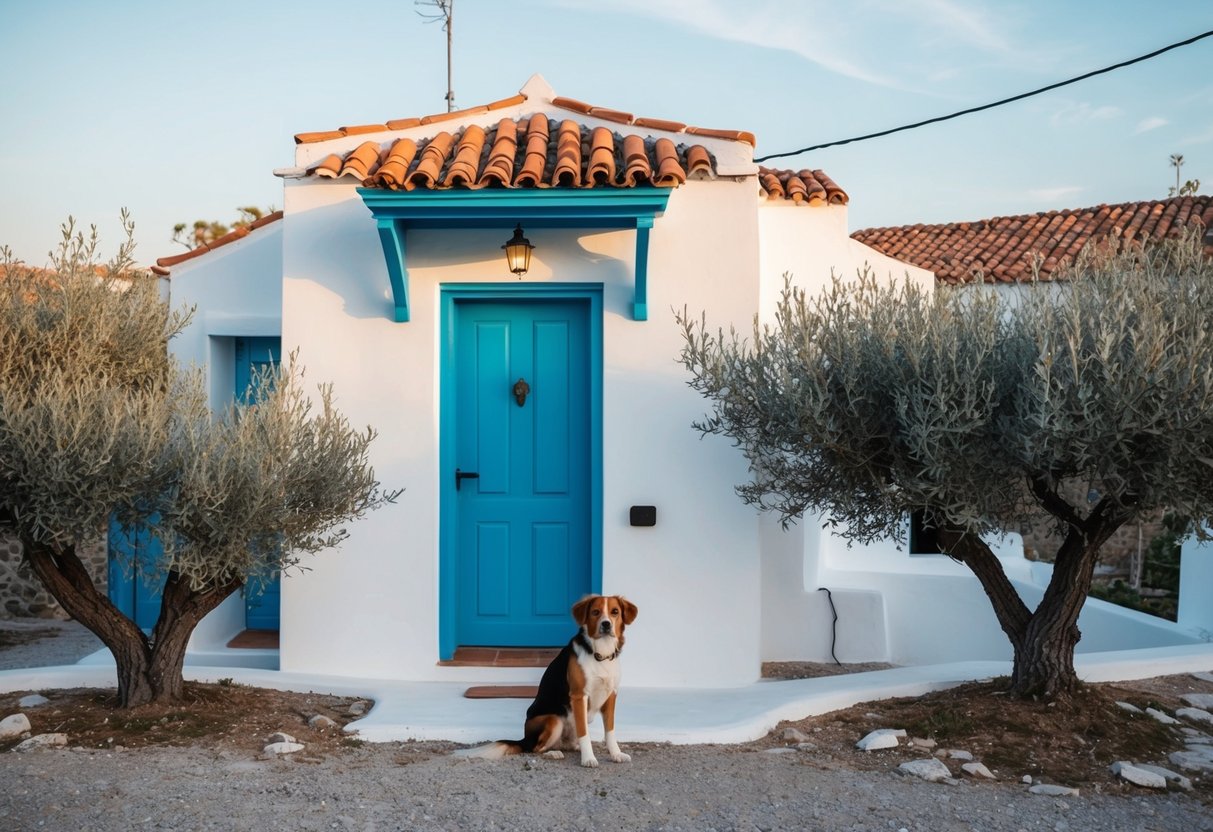 A Greek village with a dog sitting by a blue door, surrounded by olive trees and a traditional white building with red roof tiles