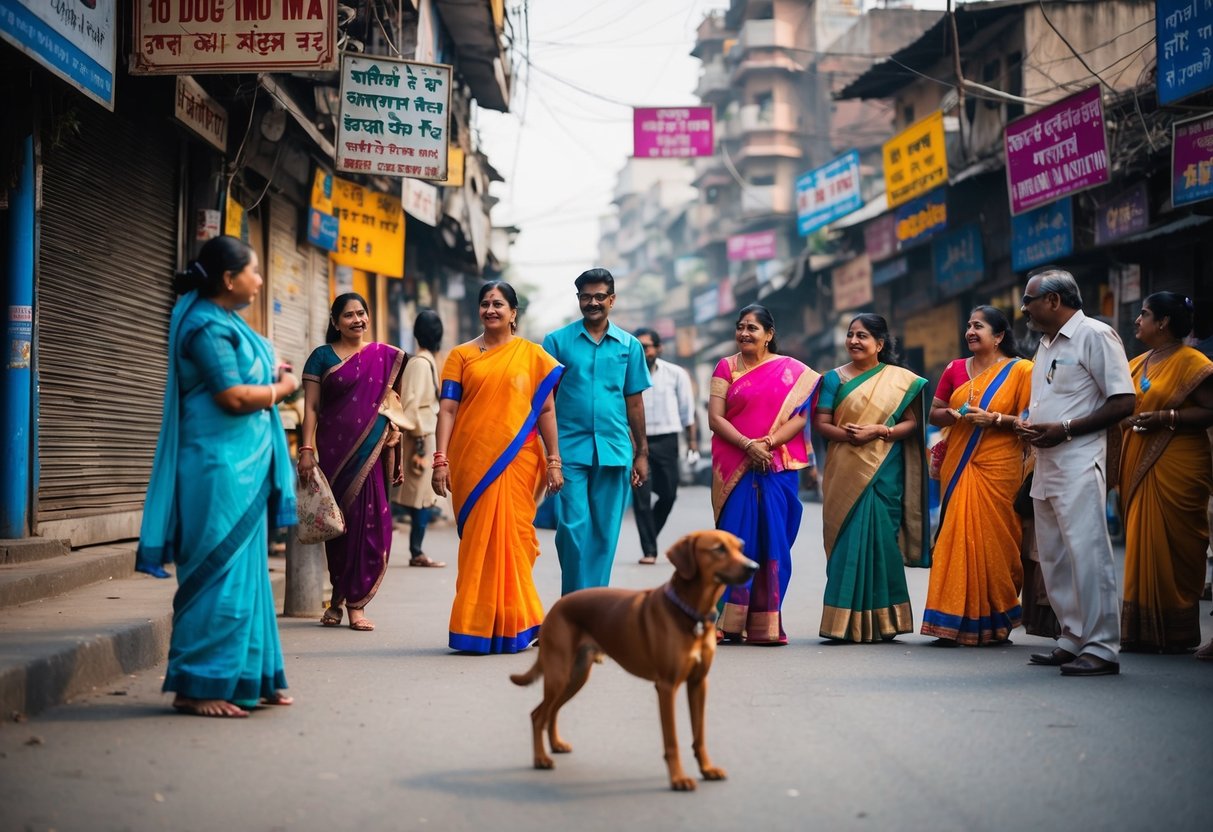 A street scene in India with various signs and people talking, while a dog is depicted in the foreground