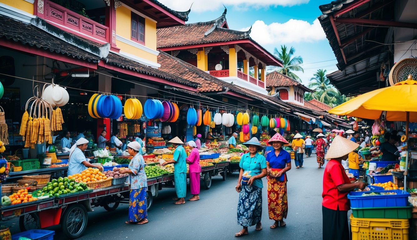 Sebuah pemandangan yang berwarna-warni dan penuh semangat dari pasar Indonesia yang ramai dengan arsitektur tradisional dan orang-orang yang terlibat dalam berbagai aktivitas