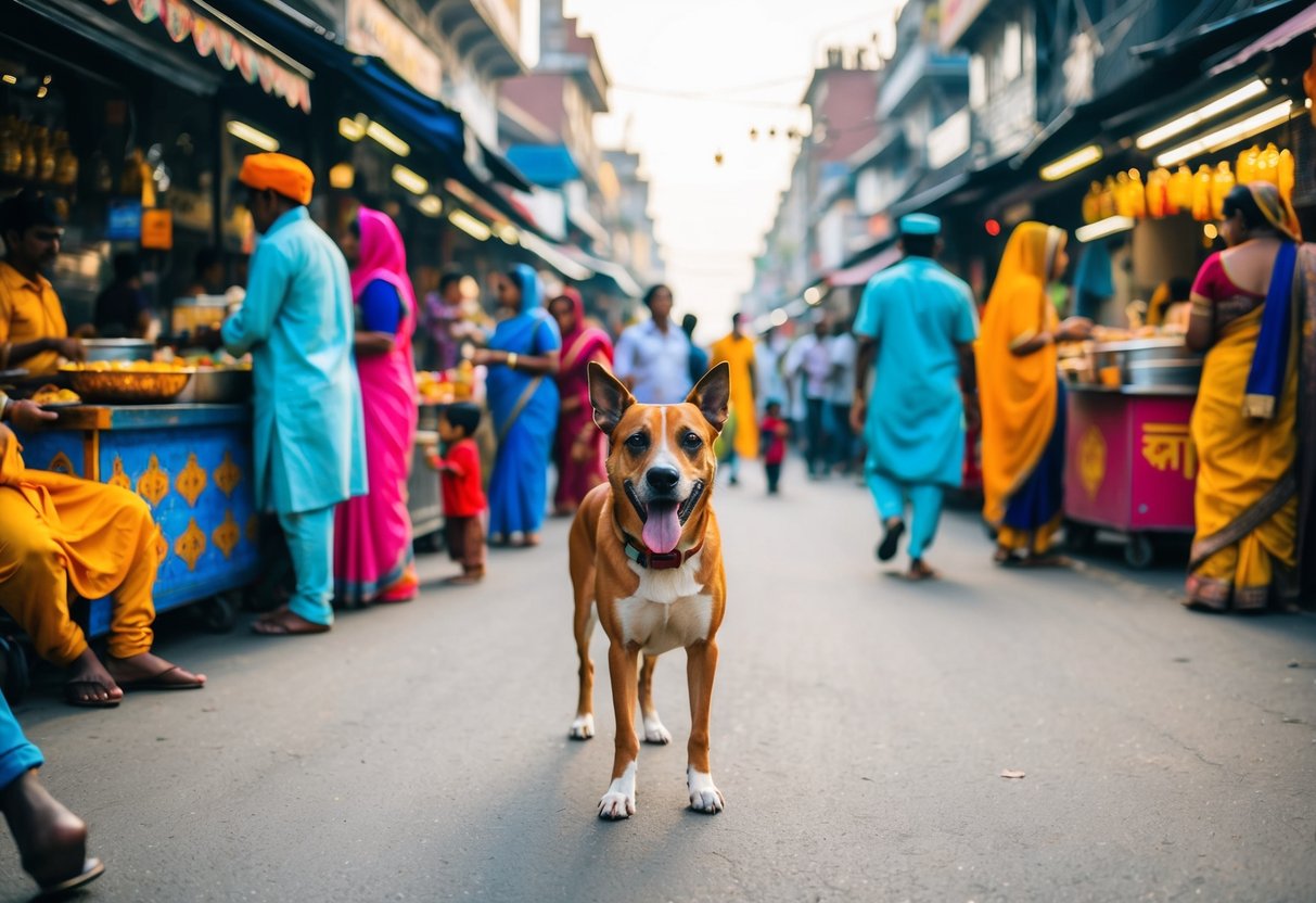 A street scene in India with a dog surrounded by people, food stalls, and colorful buildings